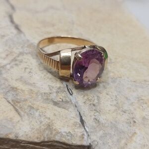 14K Solid Gold Vintage Amathyst Ring with Bold Band